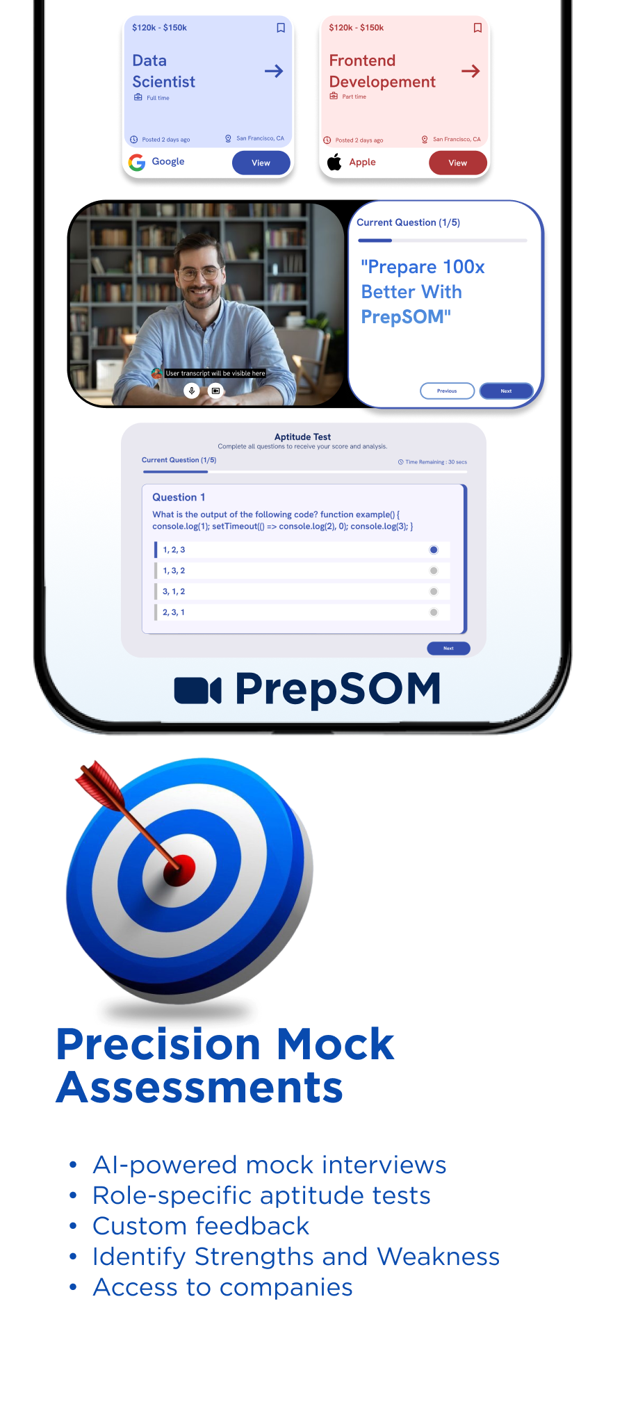 PrepSOM student dashboard showing mock interview and placement tools